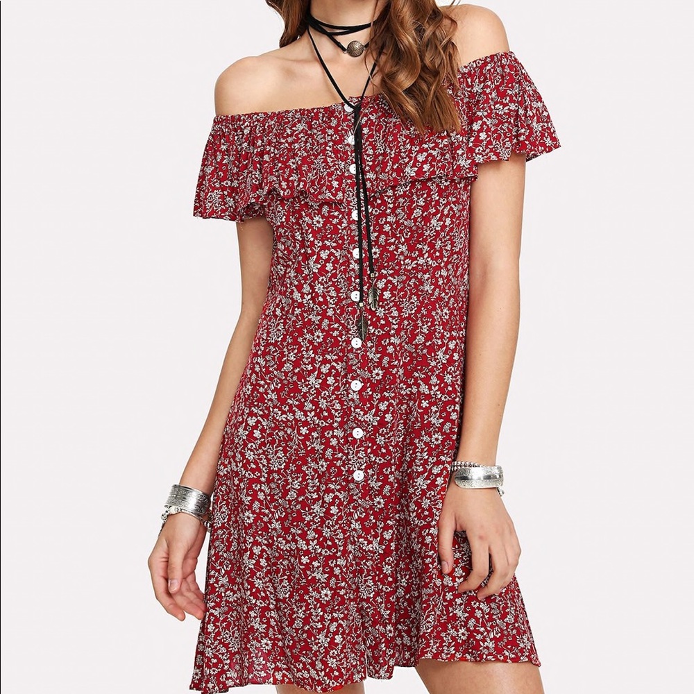 NEW. Off the shoulder red floral dress